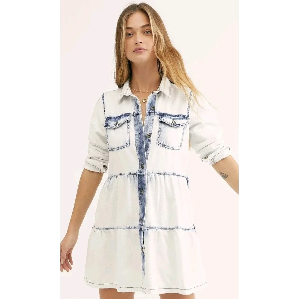 Free People Nicole Denim Jean Tiered Boho Chic Shirt Dress S Western Rodeo Fairy